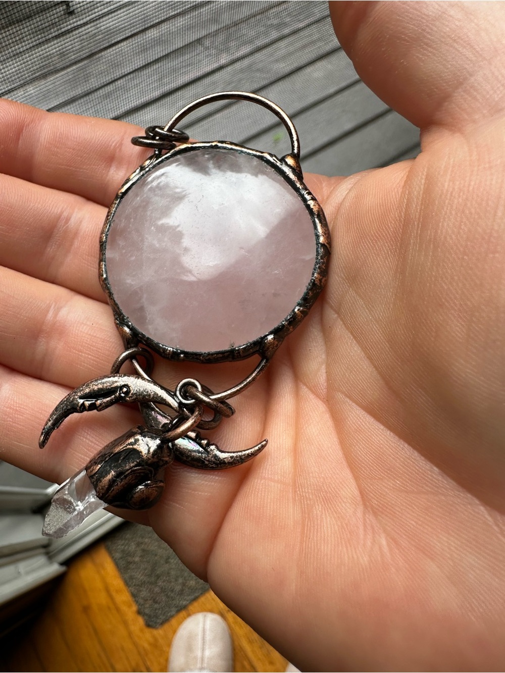 Rose Quartz Sun & Moon Pendant Necklace with Copper Accents - Picture 2 of 9